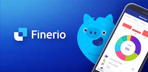 Logo de Finerio, cochinito azul e imagen de celular con app de Finerio abierta
